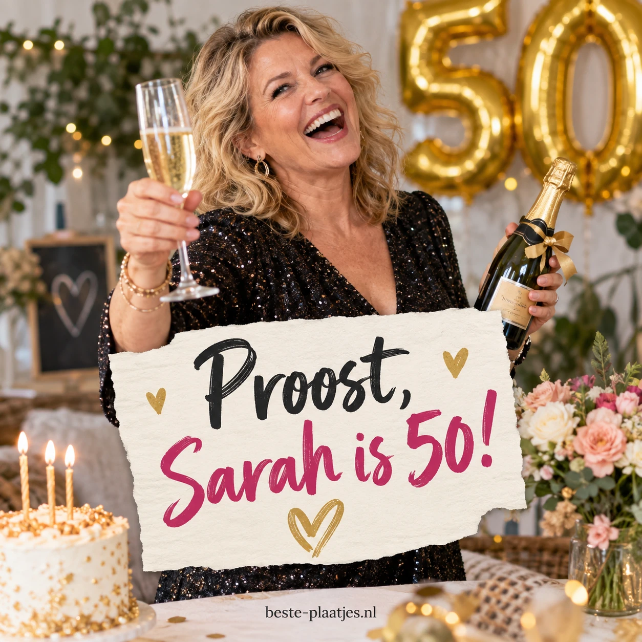 Sarah proost met champagne tussen taart, bloemen en gouden ballonnen. Sarah proost met champagne tussen taart, bloemen en gouden ballonnen.