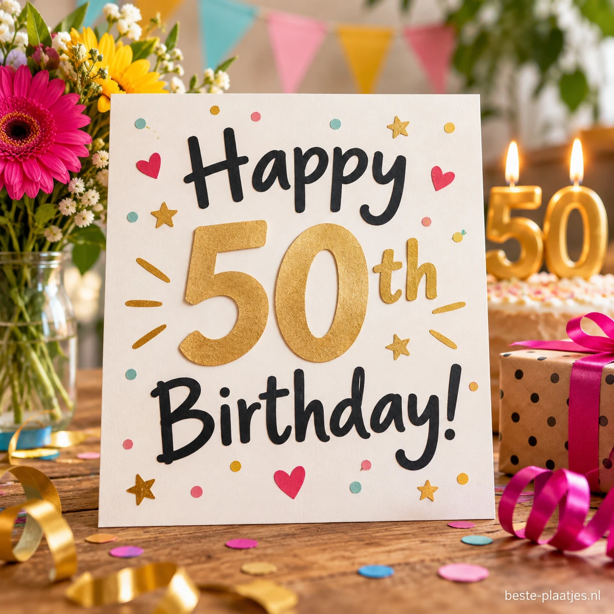 Een Happy 50th Birthday kaart staat tussen bloemen, cadeaus en kaarsen. Een Happy 50th Birthday kaart staat tussen bloemen, cadeaus en kaarsen.