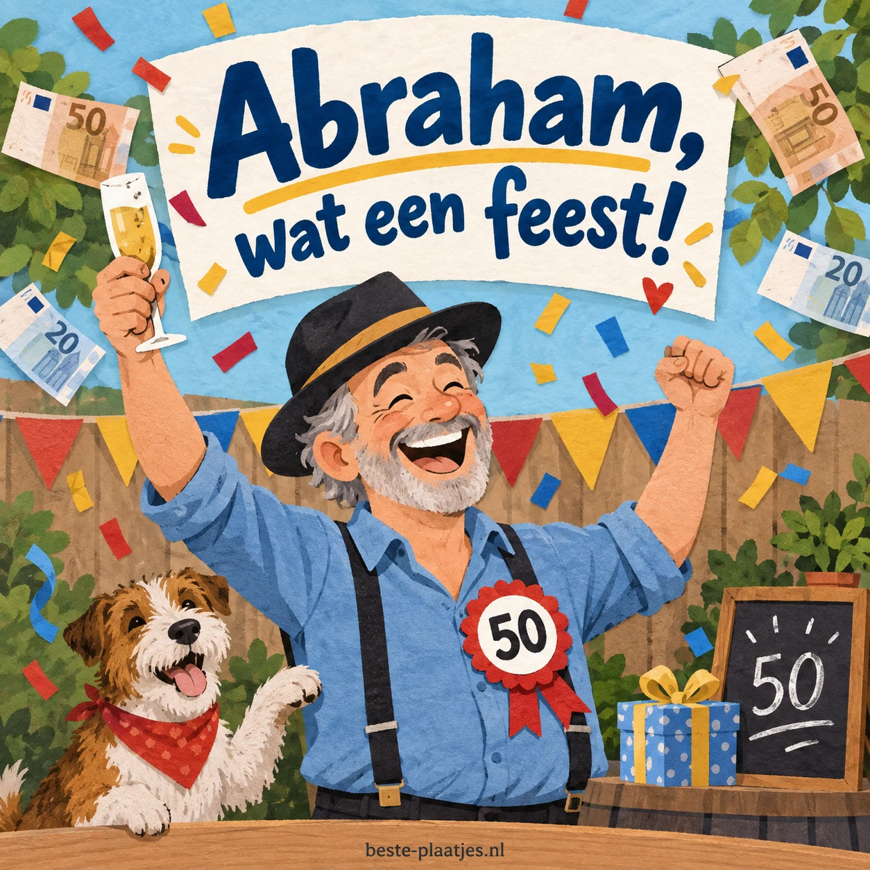 Een lachende Abraham heft het glas naast cadeaus en zijn hond. Een lachende Abraham heft het glas naast cadeaus en zijn hond.