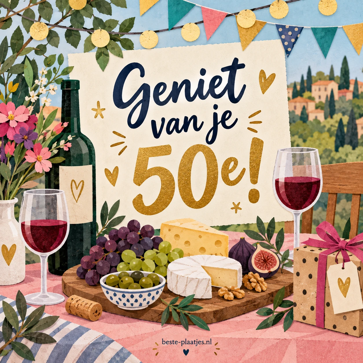 Een verjaardagstafel met wijn, kaas, bloemen en een 50 jaar kaart. Een verjaardagstafel met wijn, kaas, bloemen en een 50 jaar kaart.