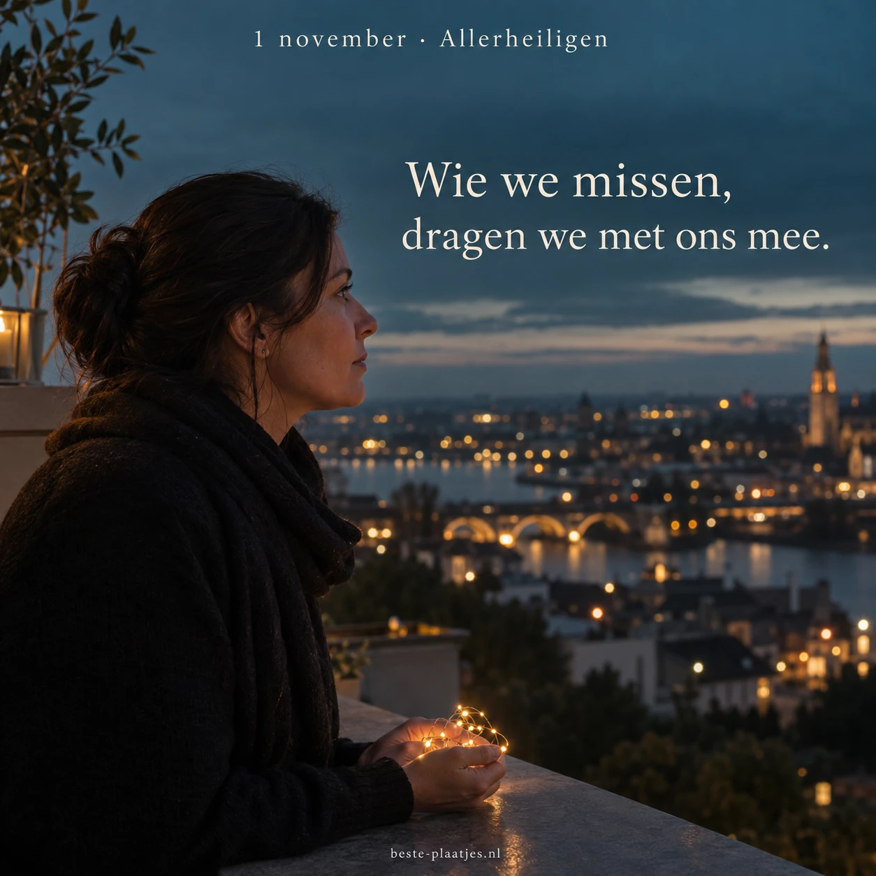 Een vrouw kijkt bij avondlicht over de stad en denkt aan iemand die zij mist.