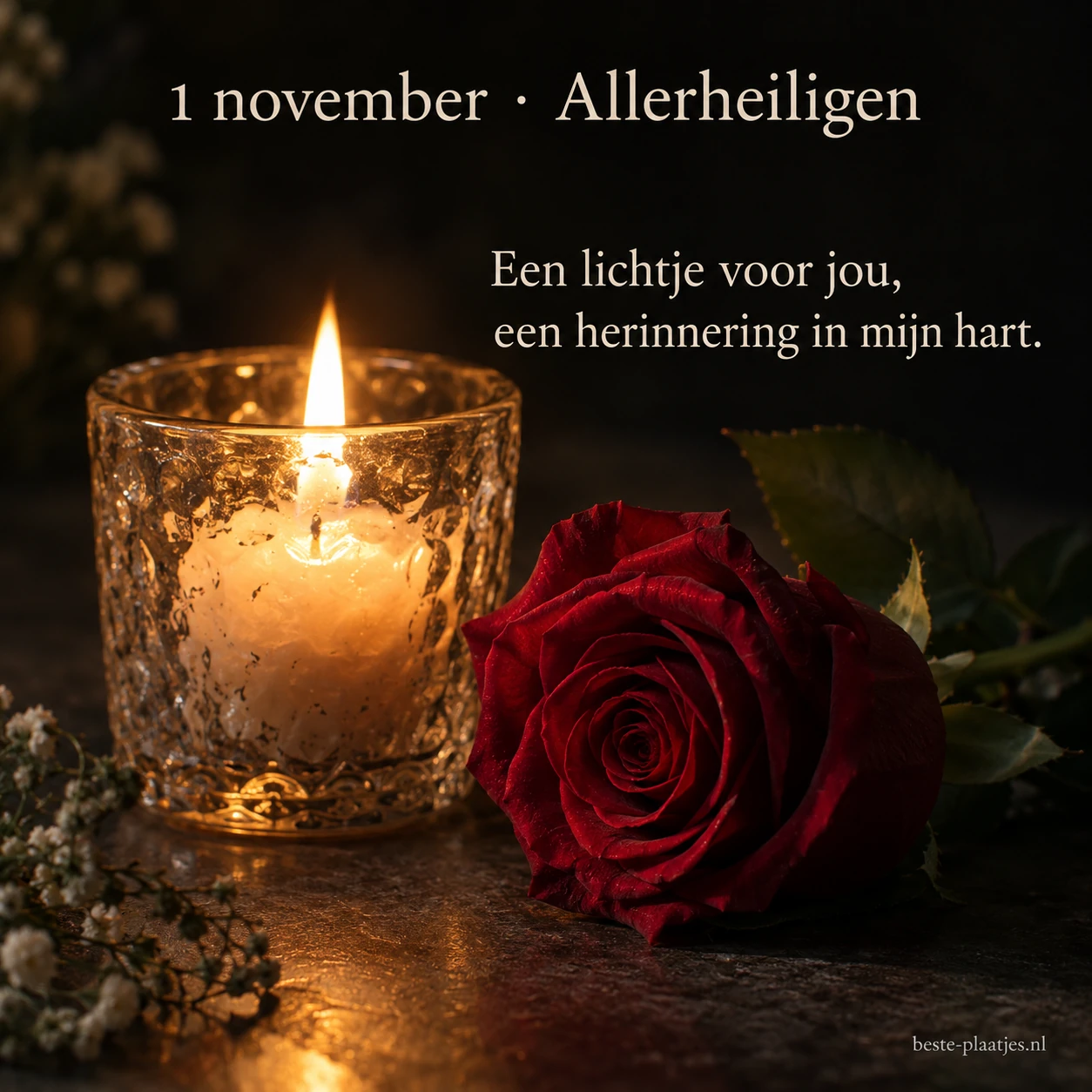 Een brandende kaars en een rode roos symboliseren liefde en herinnering.