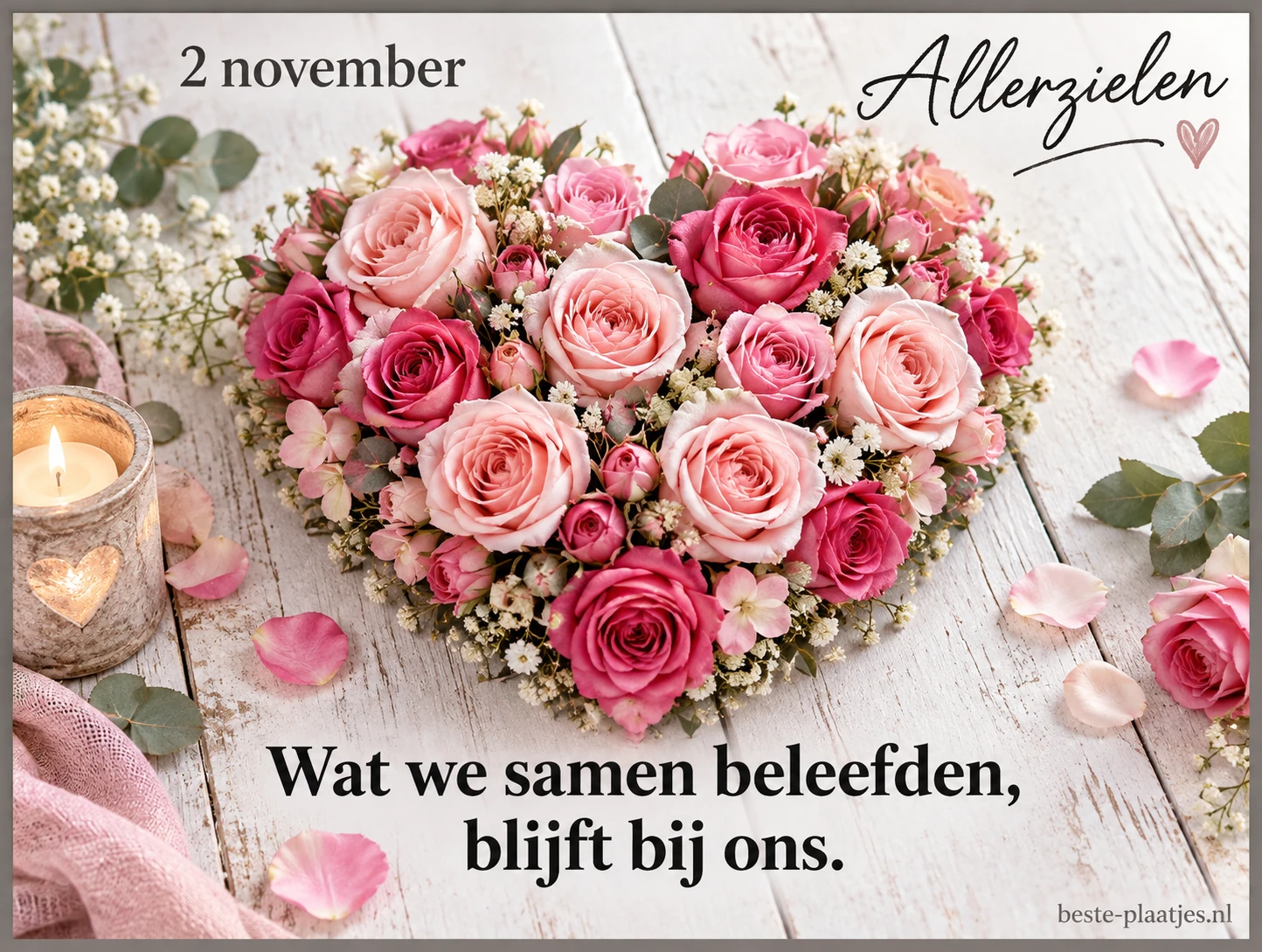 Een hart van roze rozen op witte planken herinnert aan de momenten die blijven.