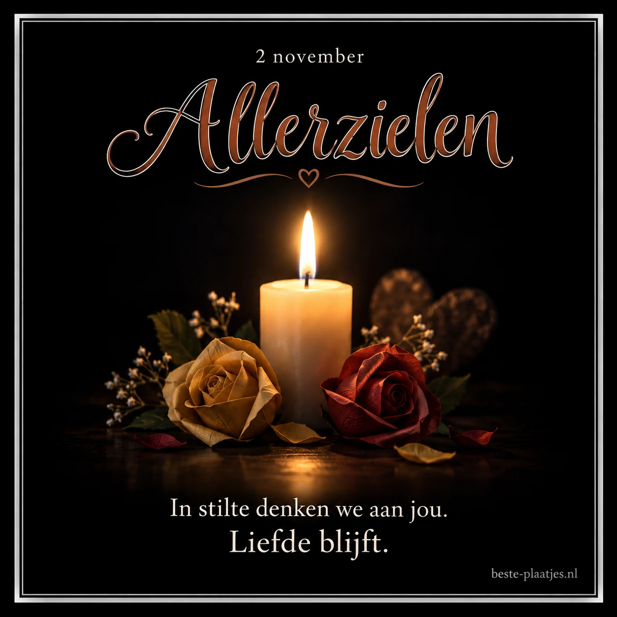 Een brandende kaars met twee rozen geeft ruimte aan een stille Allerzielenherinnering.
