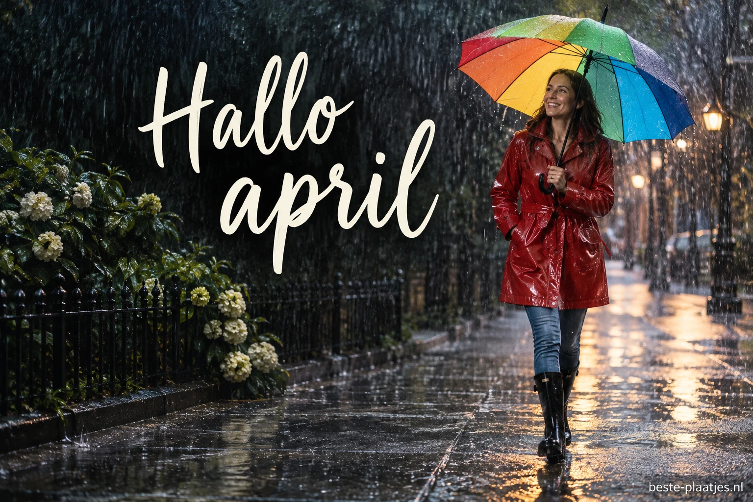 Een vrouw met een kleurrijke paraplu wandelt in de regen over een natte straat.