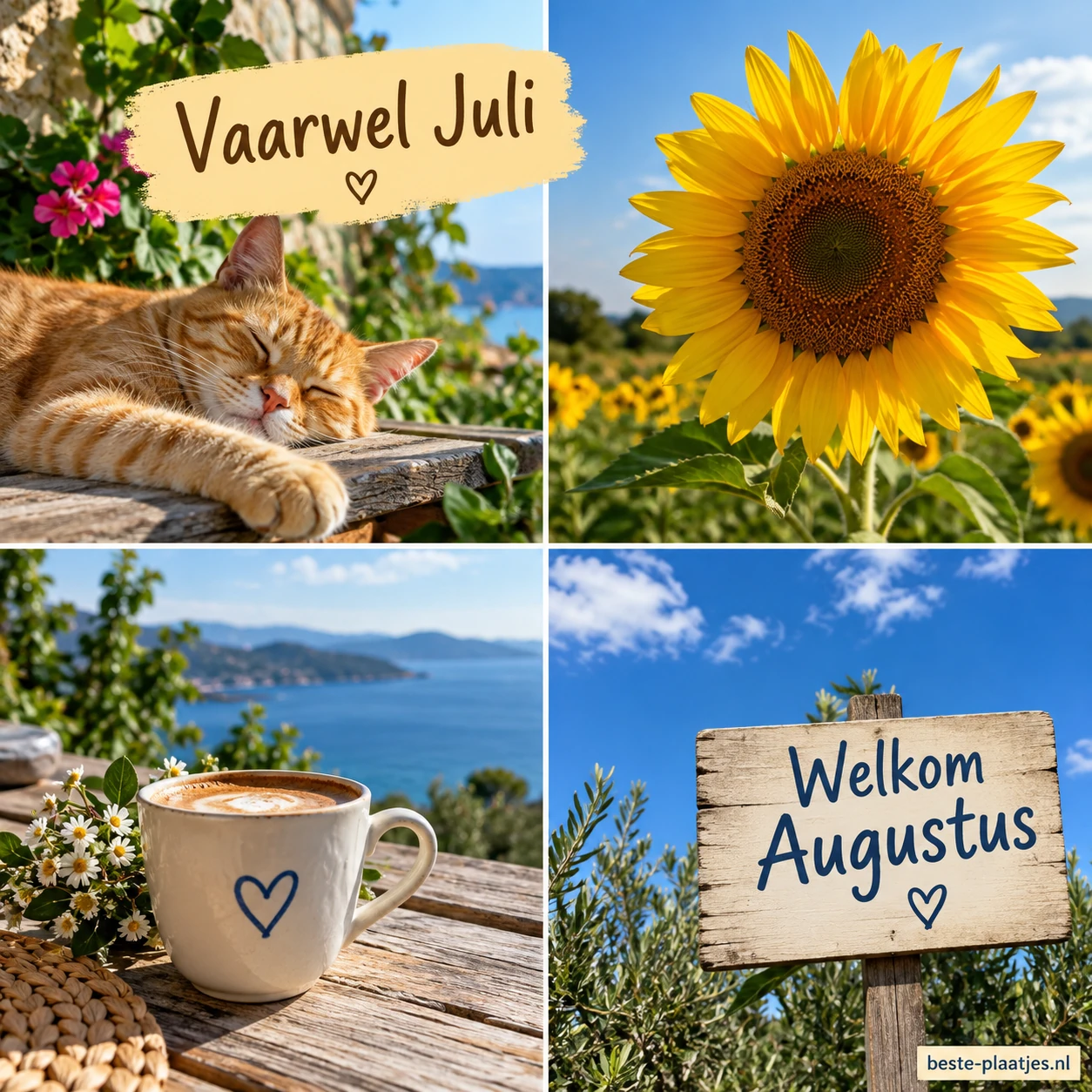 Een zomercollage toont een kat, zonnebloem, koffie en uitzicht op zee.