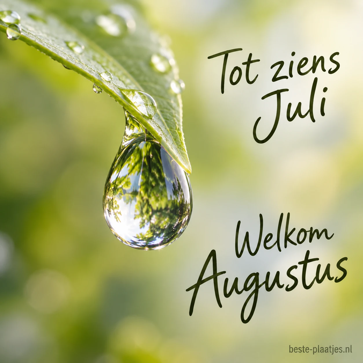 Een heldere waterdruppel hangt aan een groen blad.