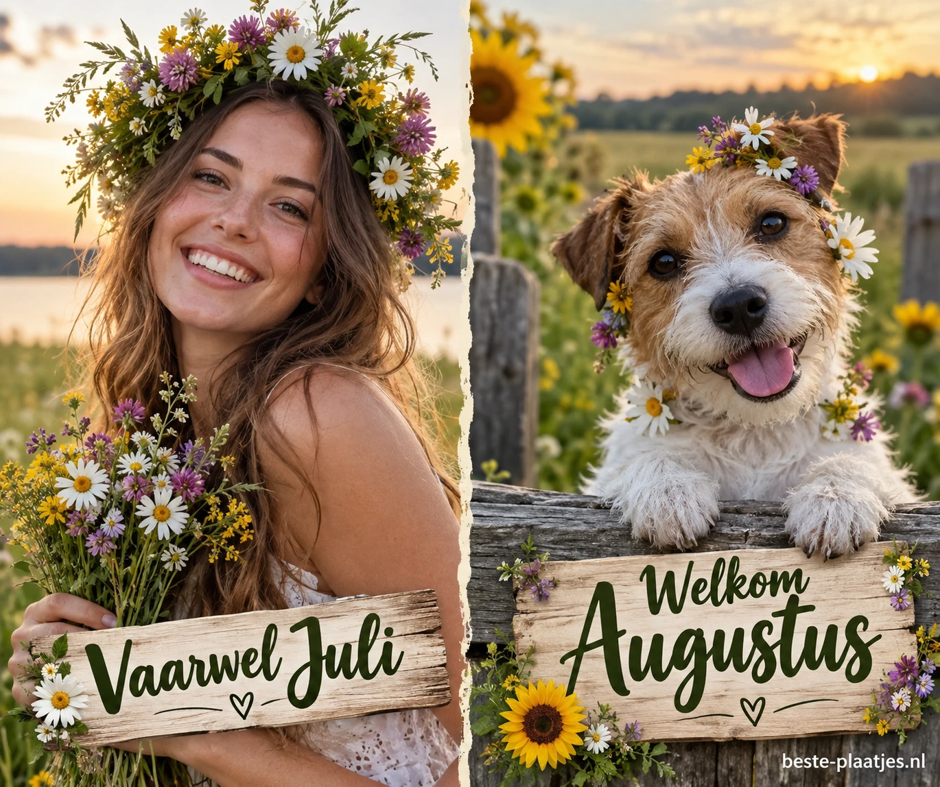 Een vrouw met bloemenkrans en een kleine hond vormen samen een zomercollage.