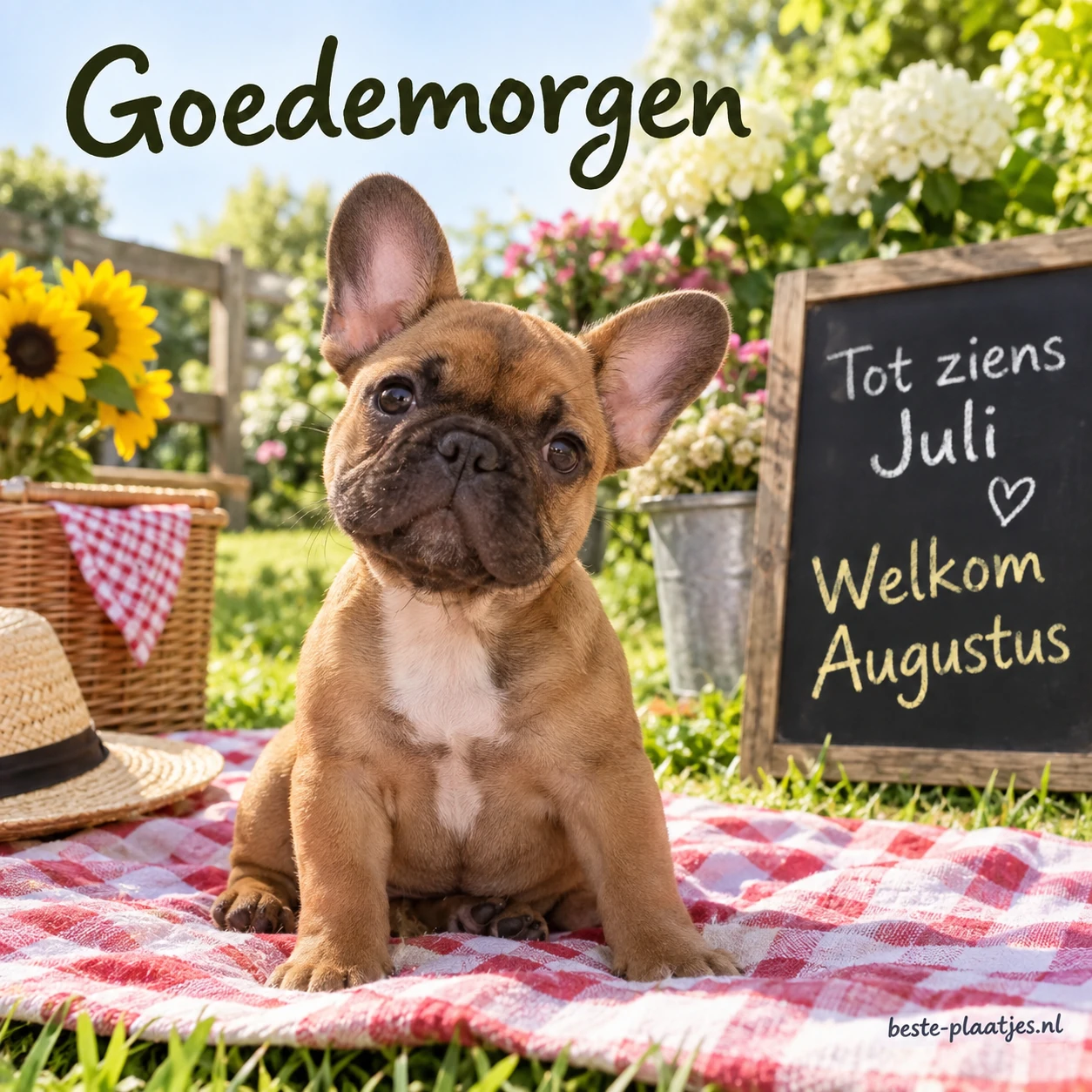 Een kleine bruine hond zit op een picknickkleed naast zonnebloemen.