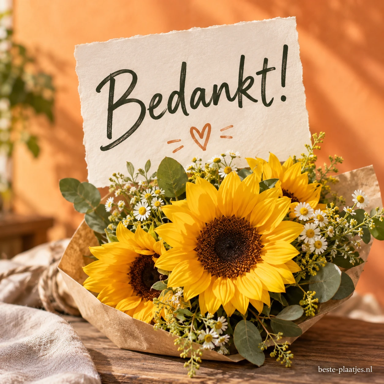 Een boeket zonnebloemen staat onder een handgeschreven bedankkaart.