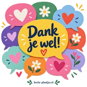 Kleurrijke tekstballonnen en hartjes vormen een vrolijke dankjewelkaart.