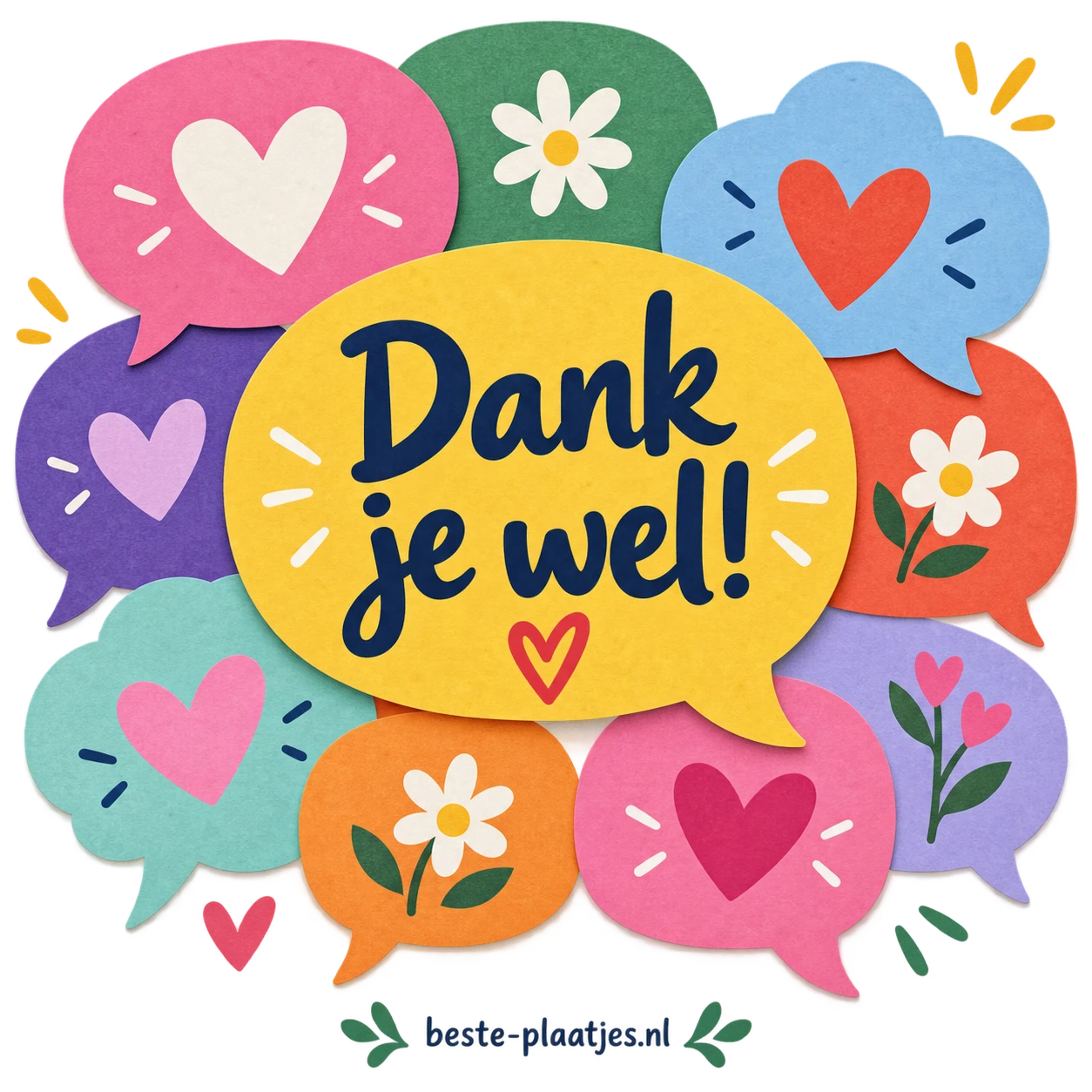 Kleurrijke tekstballonnen en hartjes vormen een vrolijke dankjewelkaart.