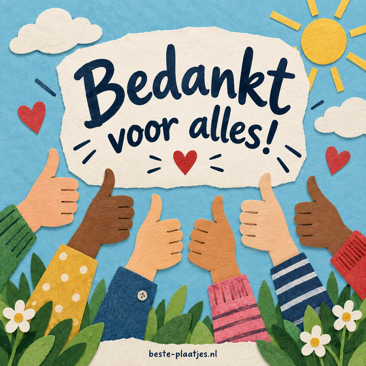 Verschillende handen steken een duim op onder een bedankwens.