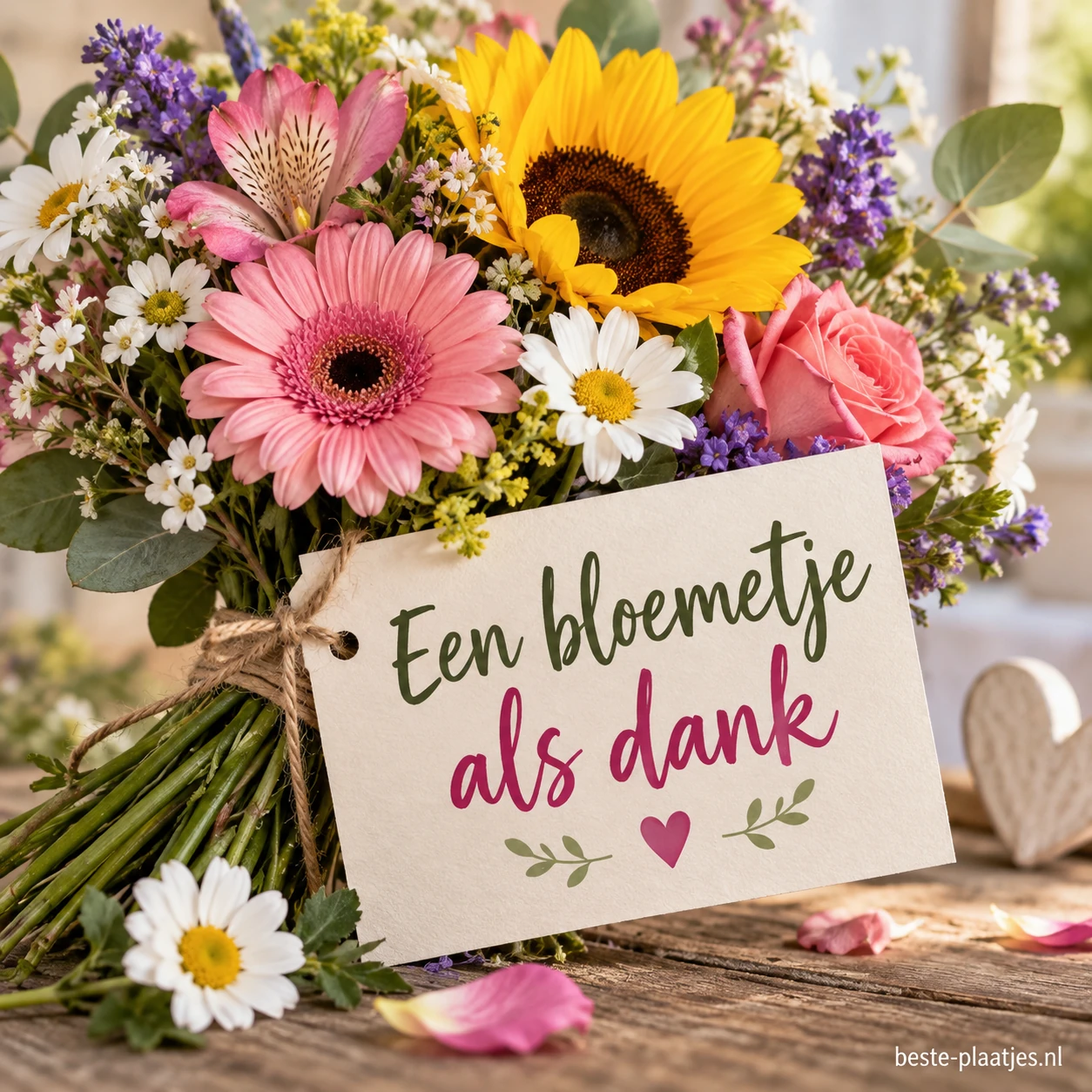 Een bont boeket bloemen draagt een kaartje met een dankwoord.