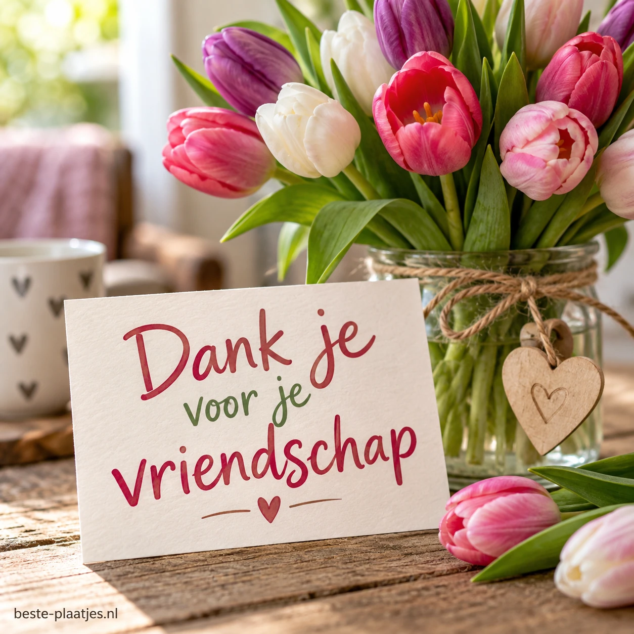 Een boeket roze tulpen staat bij een dankwoord voor vriendschap.
