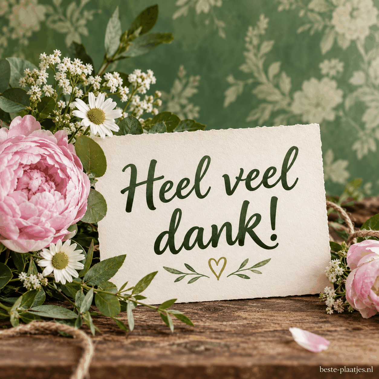 Roze bloemen en madeliefjes omlijsten een warme dankjewelkaart.