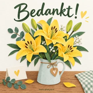 Gele lelies staan in een lichte vaas naast een bedankwens.