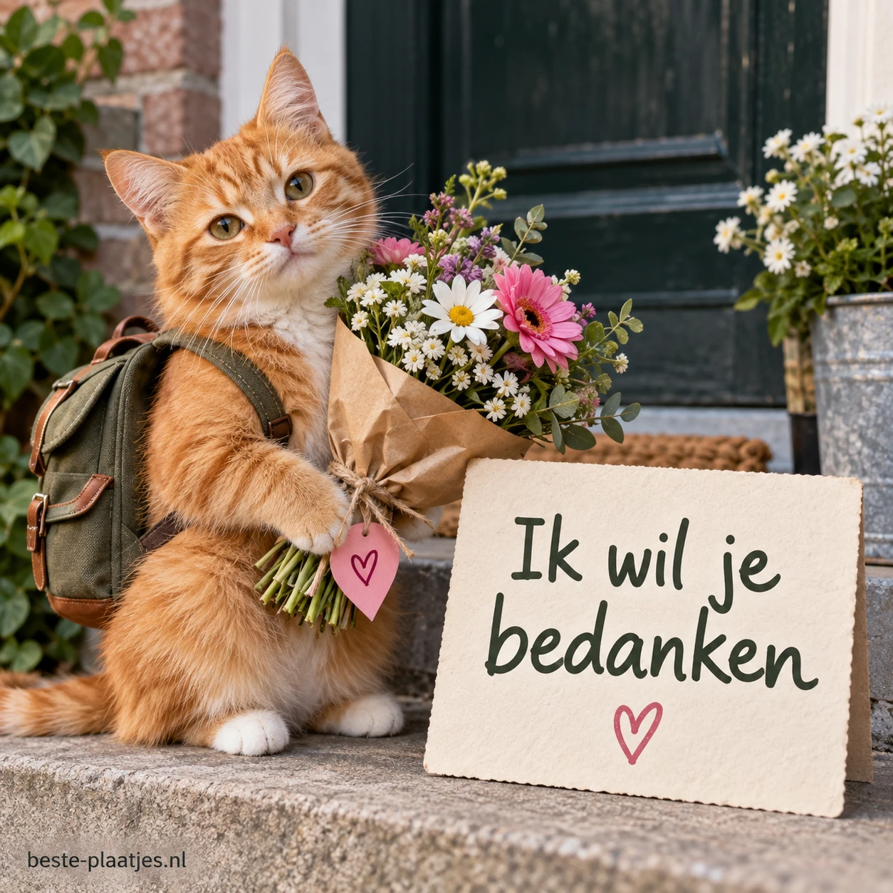 Een oranje kat met rugzak zit naast een kleurrijk boeket.