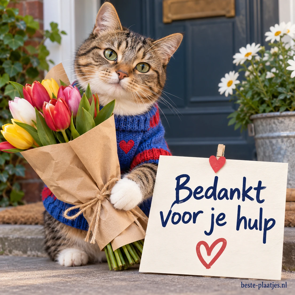 Een gestreepte kat houdt een boeket tulpen vast als dank voor hulp.