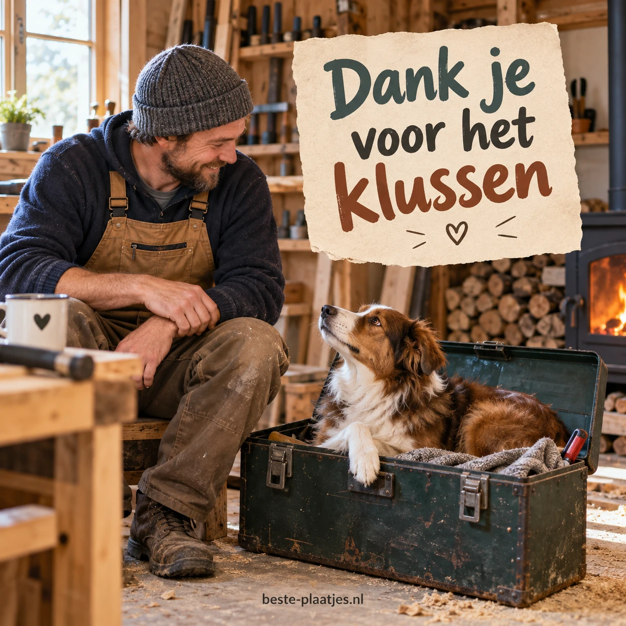 Een klusser kijkt glimlachend naar een hond in de gereedschapskist.