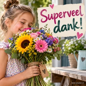 Een meisje ruikt aan een groot boeket kleurrijke bloemen.