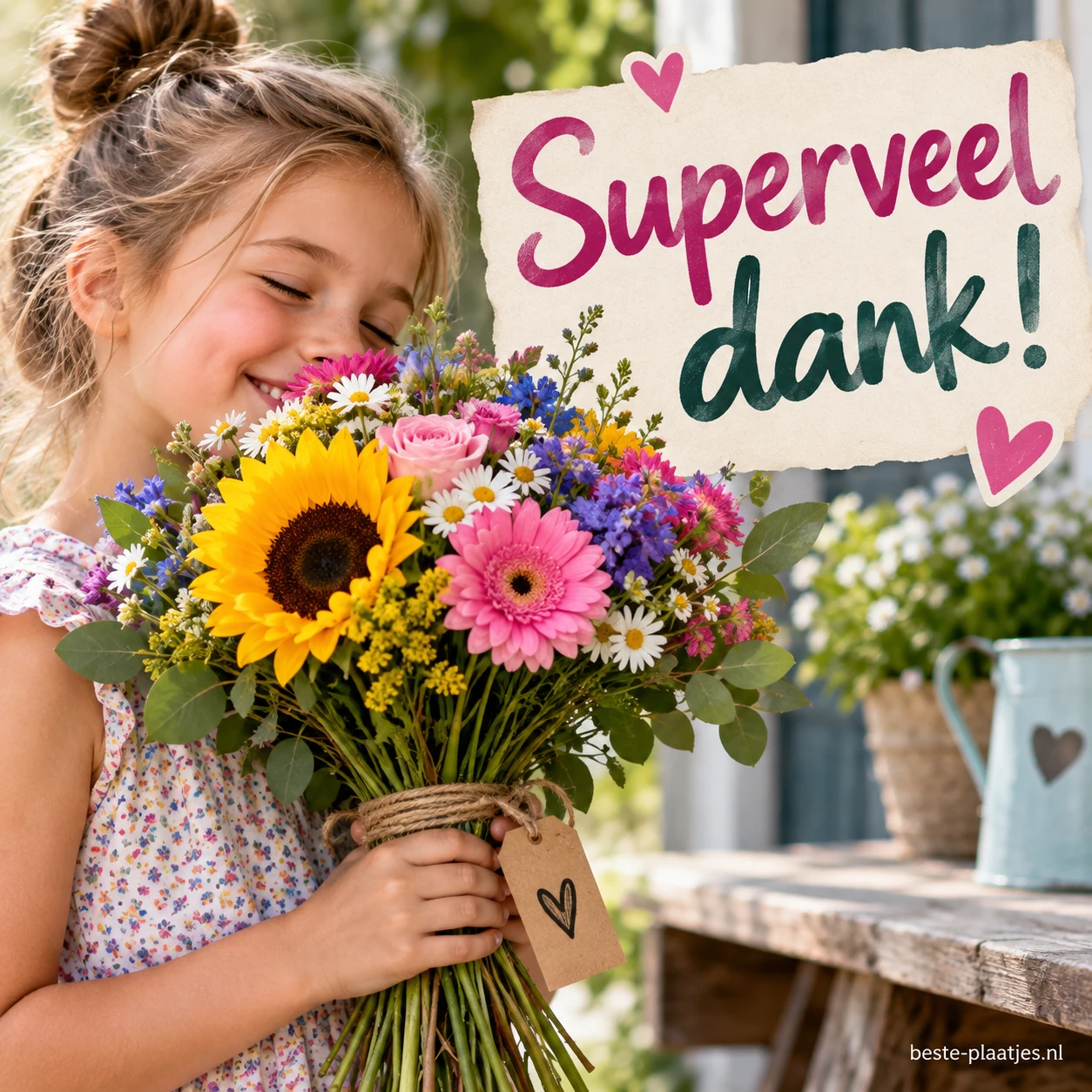 Een meisje ruikt aan een groot boeket kleurrijke bloemen.