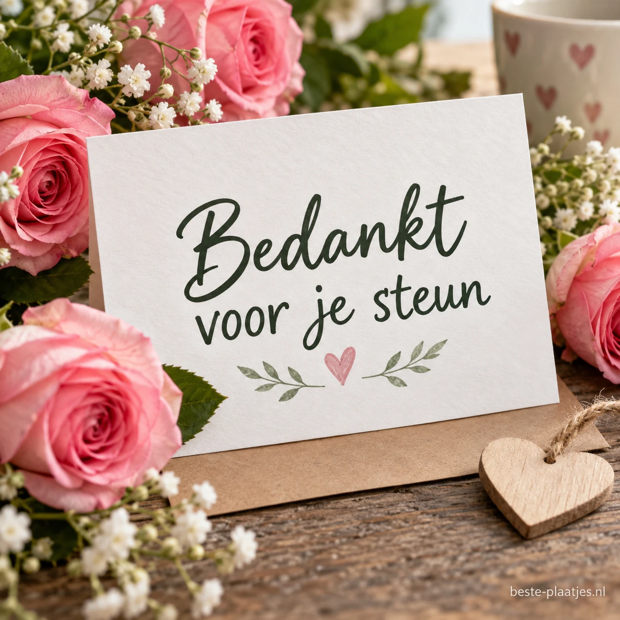 Roze rozen omringen een kaart voor iemands steun.