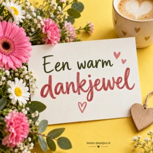 Bloemen en een kop koffie staan bij een warm dankwoord.
