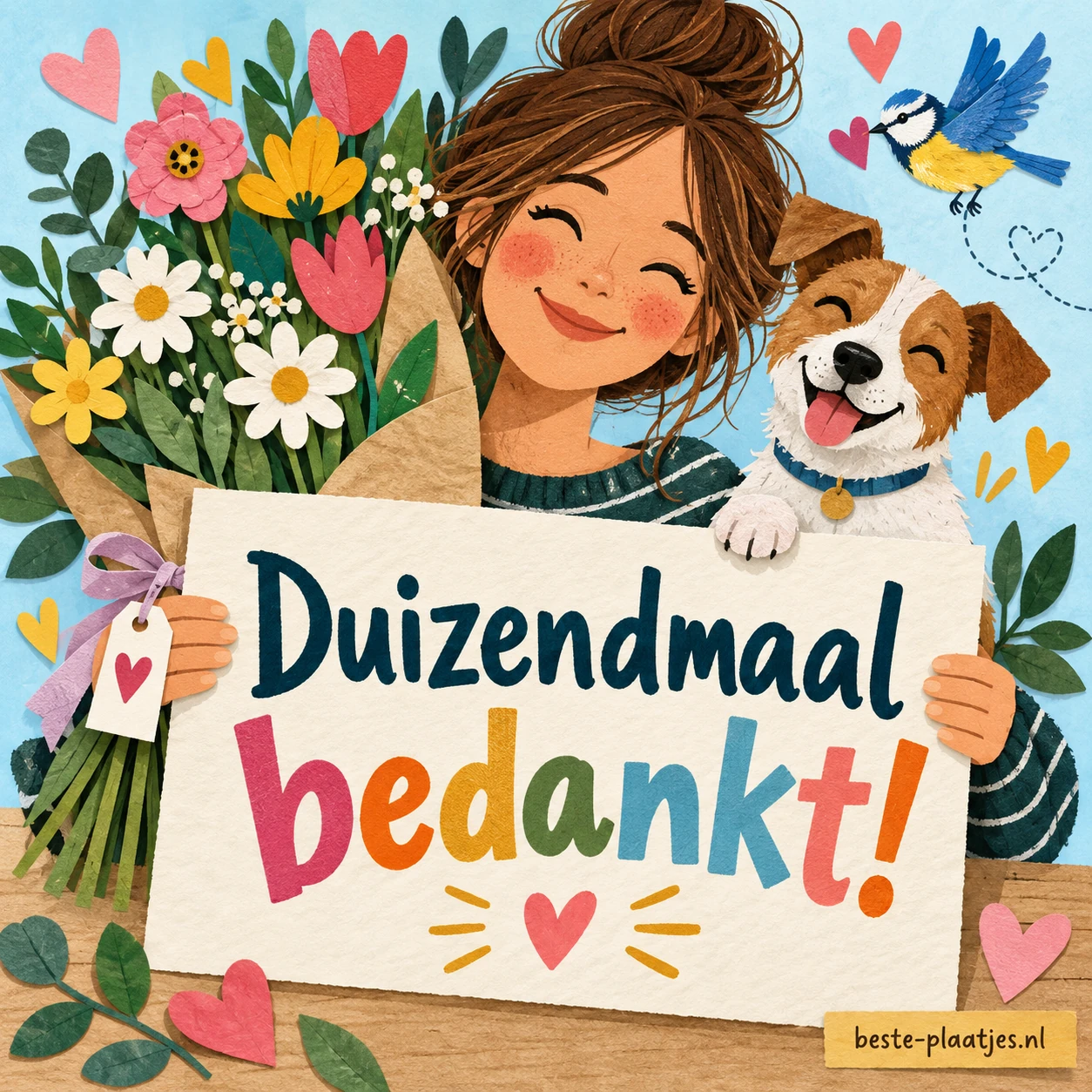 Een vrolijk meisje en haar hond houden een groot boeket en dankjewelkaart vast.