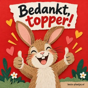 Een blij konijn steekt beide duimen op onder een bedankwens.