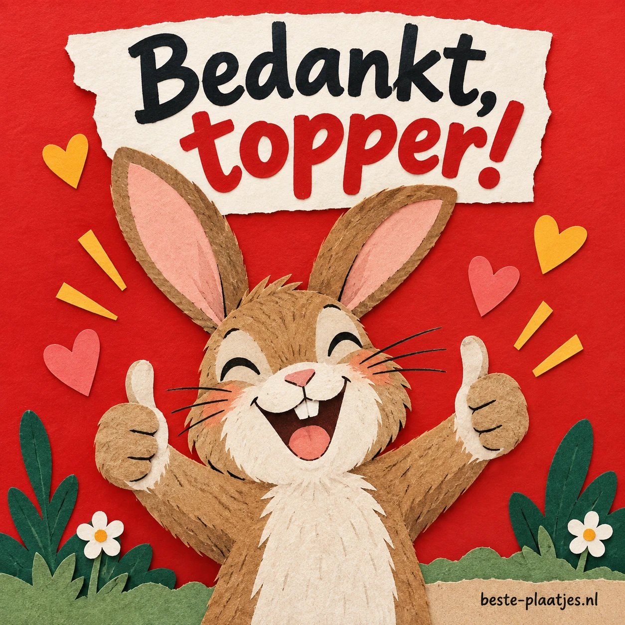 Een blij konijn steekt beide duimen op onder een bedankwens.
