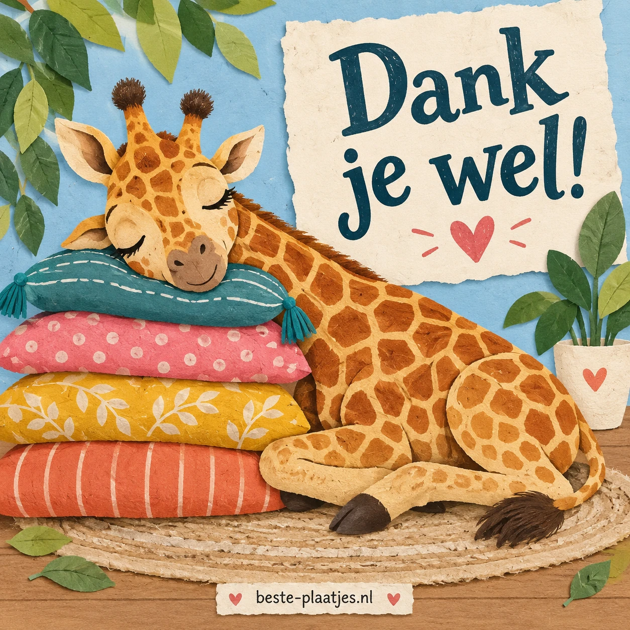 Een slapende giraffe ligt tegen een stapel kleurrijke handdoeken.