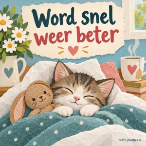 Een slapend katje ligt onder een deken met een zachte beterschapswens.