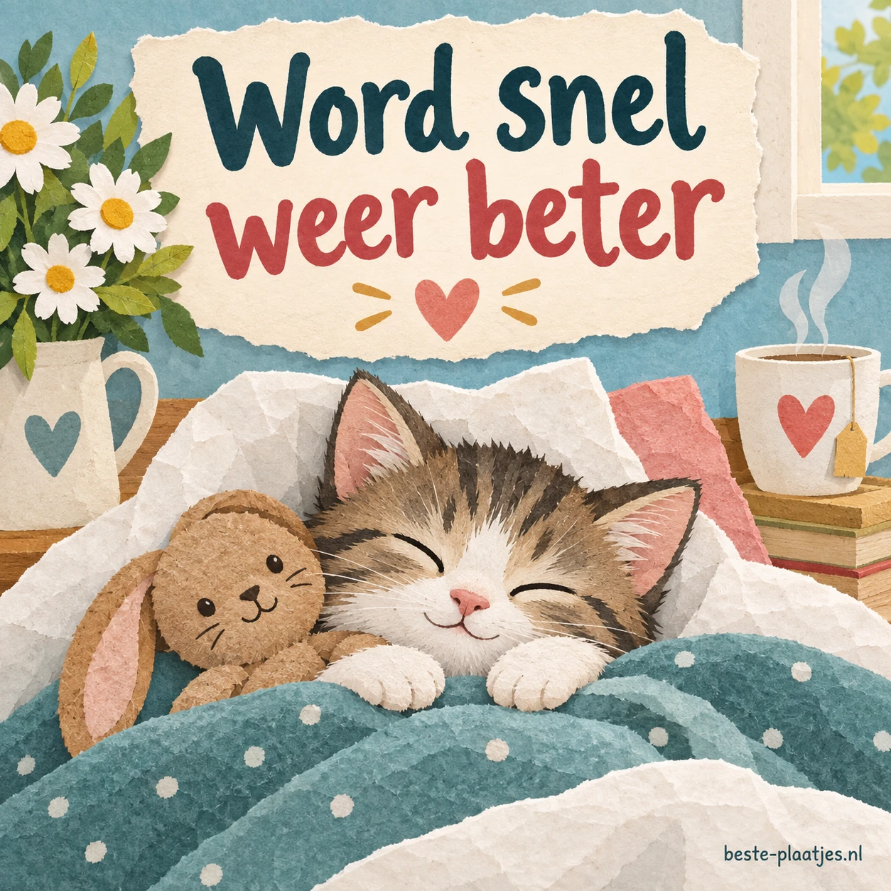 Een slapend katje ligt onder een deken met een zachte beterschapswens.