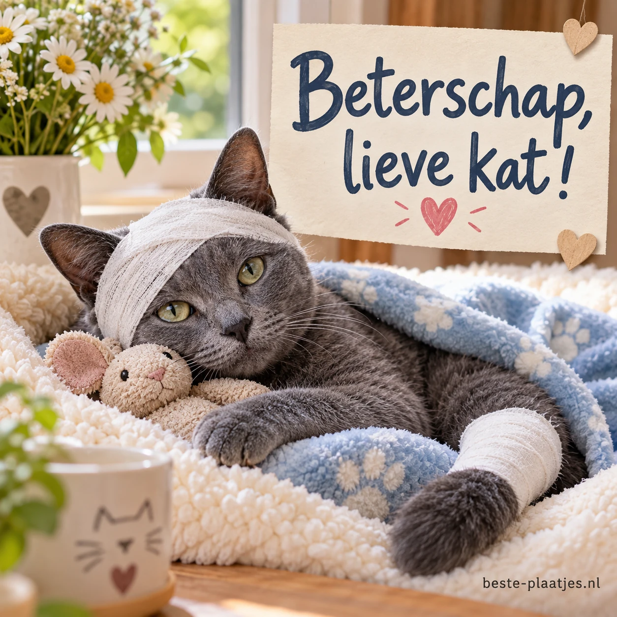 Een grijze kat met verband om hoofd en poot rust onder een deken.