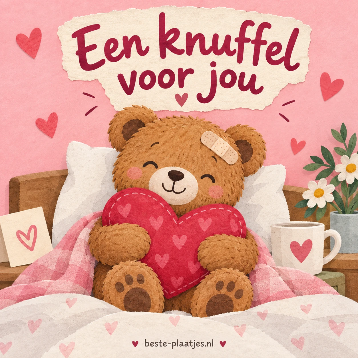 Een teddybeer met pleister zit in bed met een rood hart.