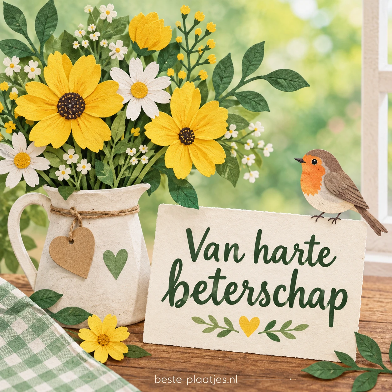 Gele bloemen en een roodborstje staan bij een beterschapswens.