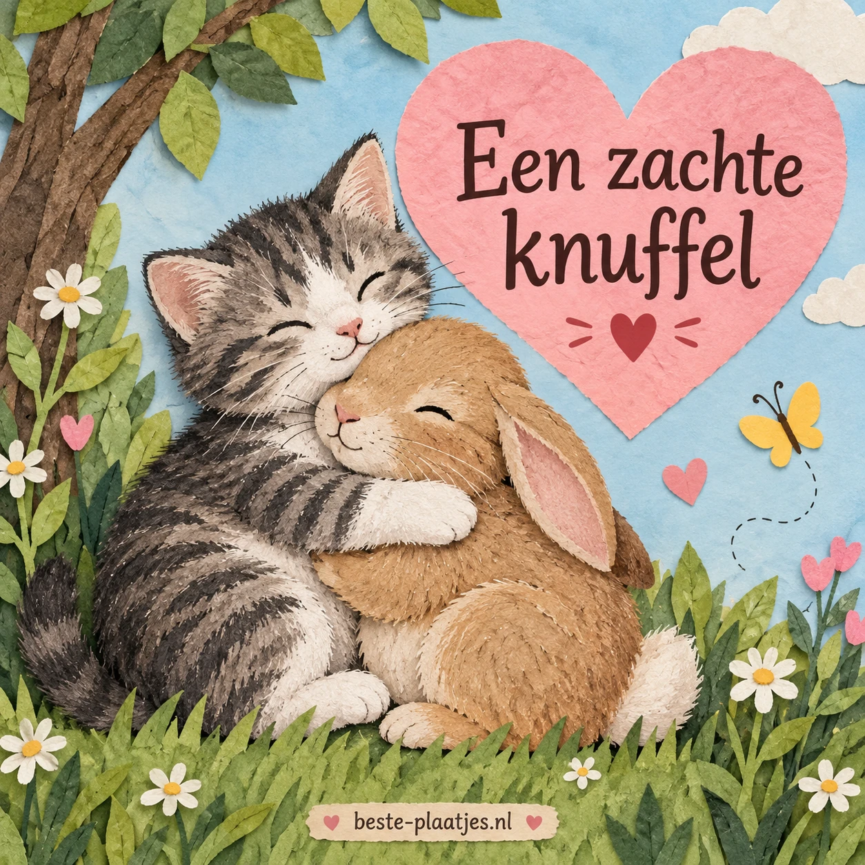 Een katje knuffelt een konijn in een tuin vol bloemen.