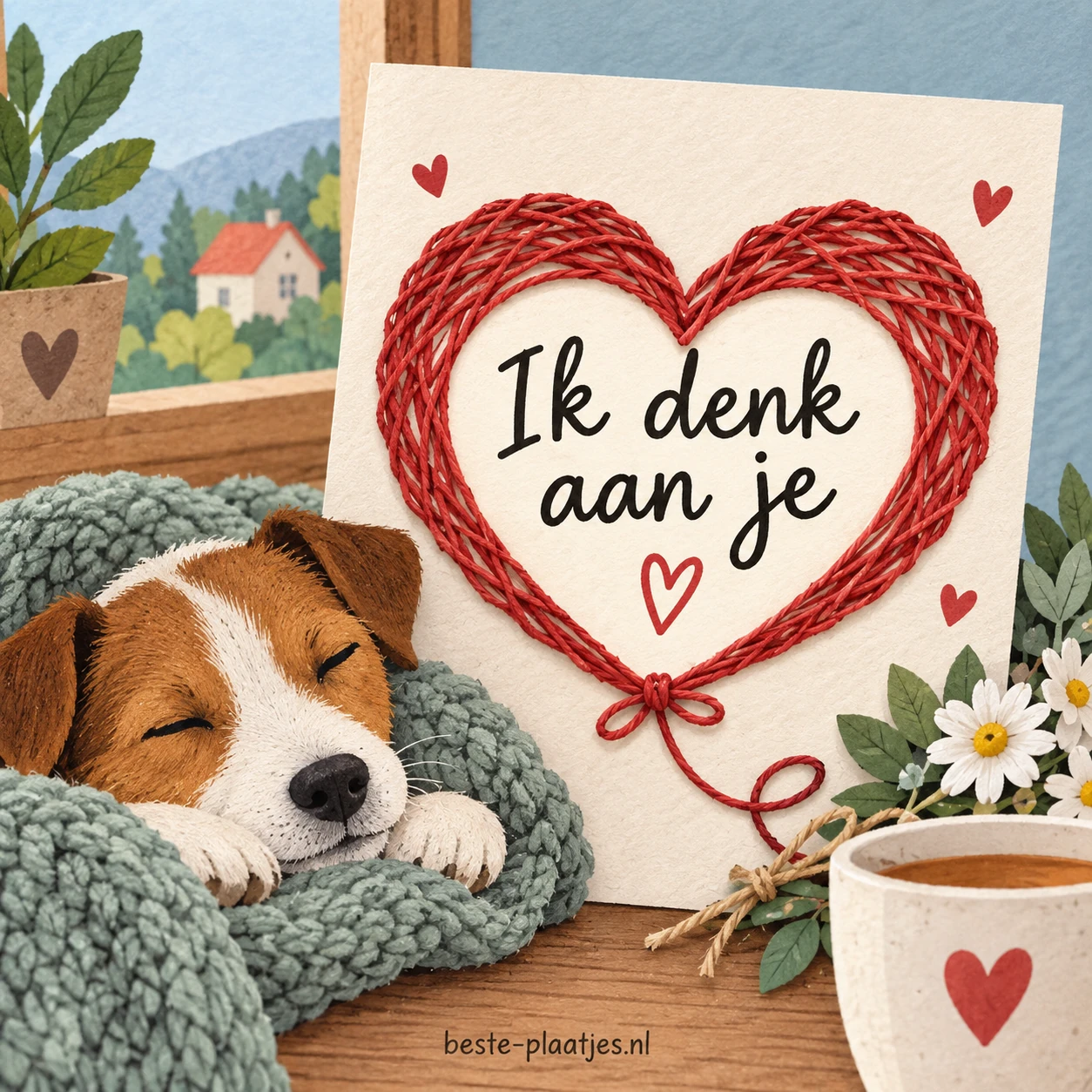 Een rode hartvorm van draad staat naast een slapende hond en een kop thee.