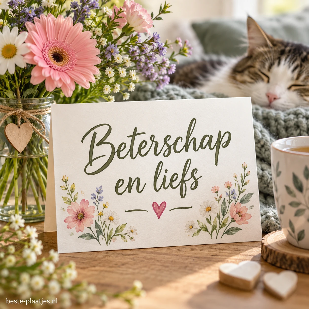 Een slapende kat ligt achter een kaart vol bloemen en lieve woorden.