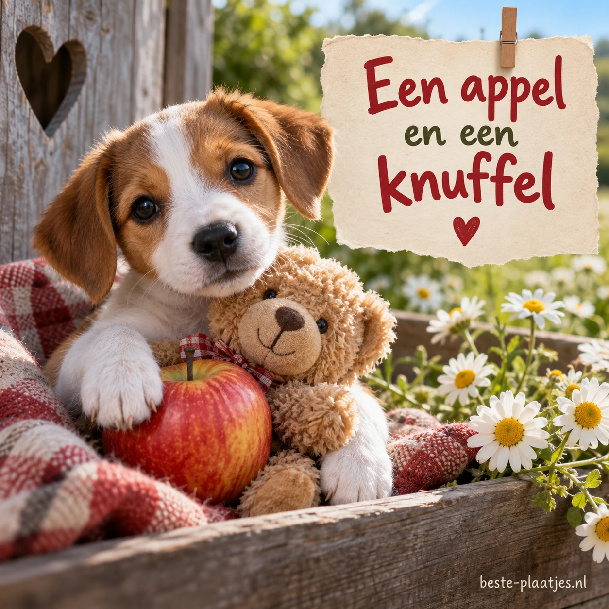 Een puppy houdt een appel vast naast een teddybeer en madeliefjes.