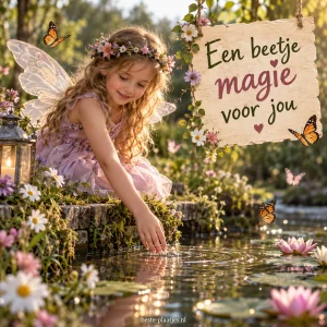 Een meisje als fee zit bij het water tussen bloemen en vlinders.