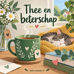Een dampende groene kop thee staat bij een rustend katje.