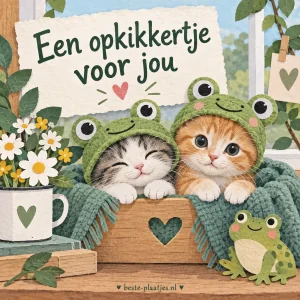 Twee katjes met kikkerhoedjes liggen samen onder een deken.