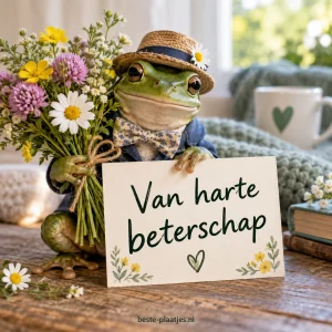 Een kikker met hoed houdt een boeket bloemen en beterschapskaart vast.