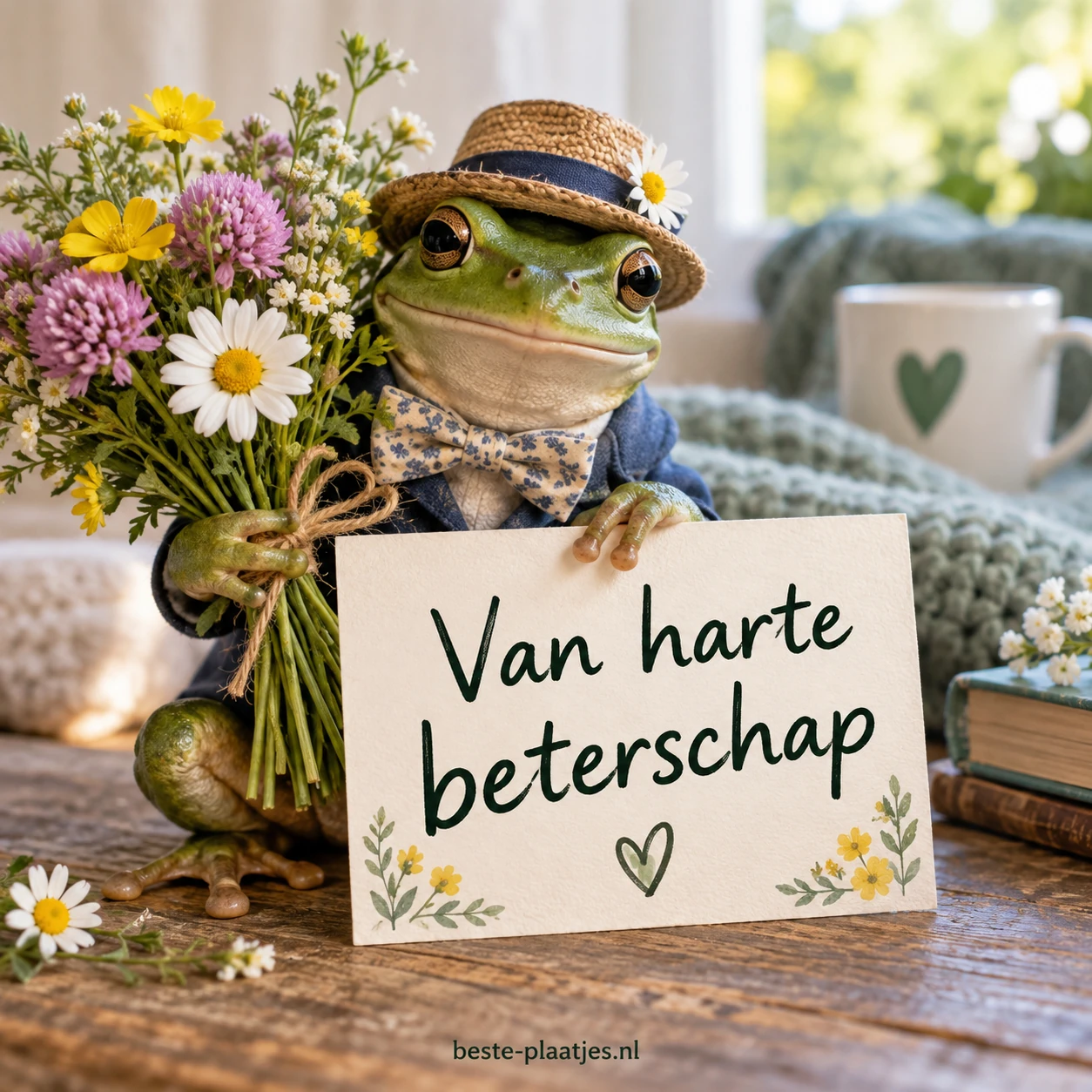 Een kikker met hoed houdt een boeket bloemen en beterschapskaart vast.