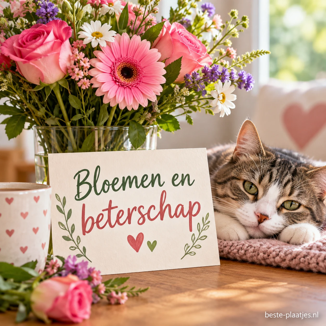 Een boeket roze bloemen staat naast een rustend katje.
