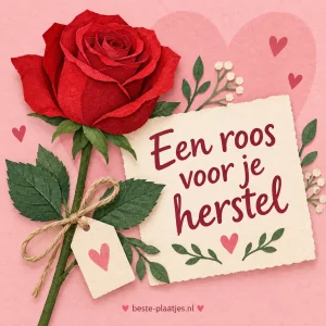 Een rode roos ligt op een roze kaart voor iemands herstel.