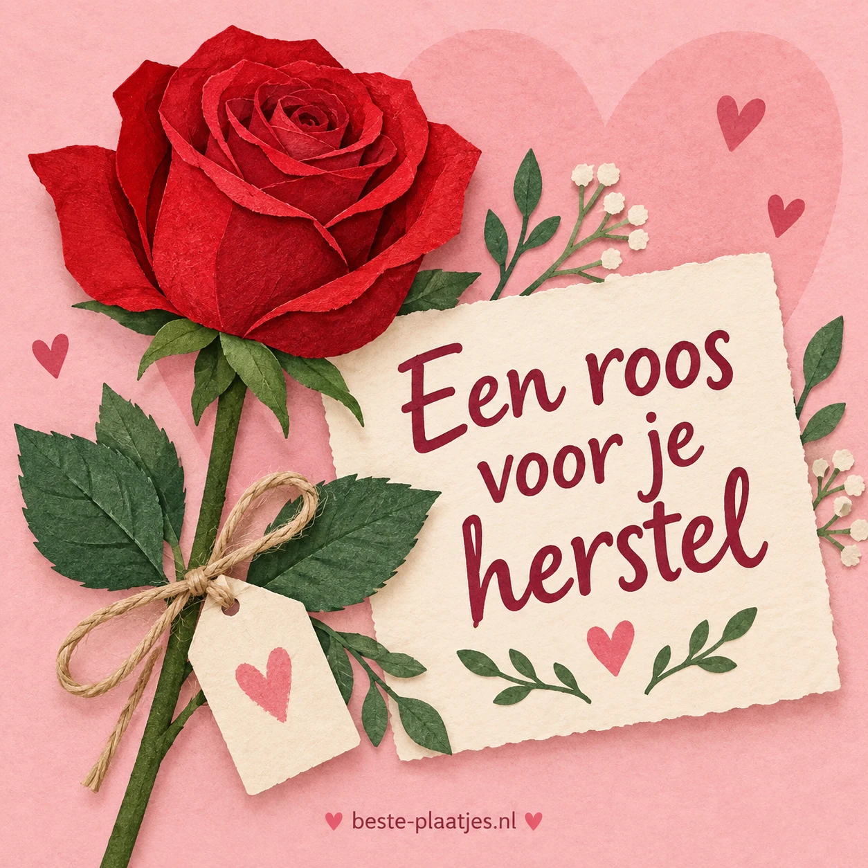 Een rode roos ligt op een roze kaart voor iemands herstel.