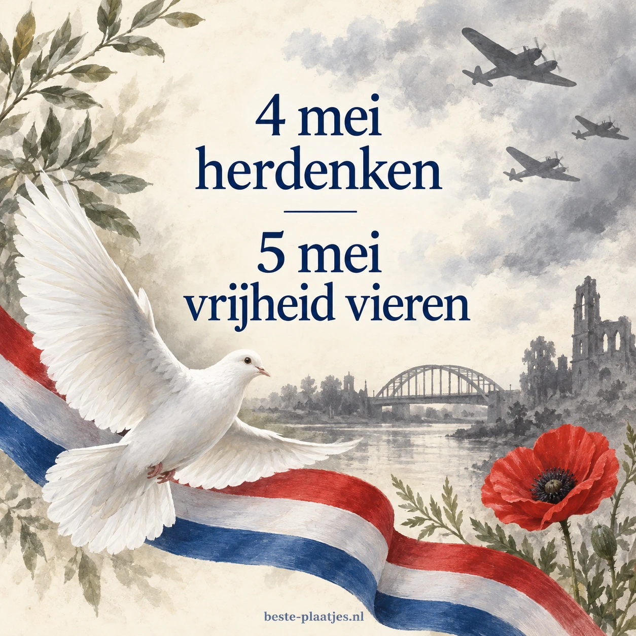 Een witte duif vliegt boven een Nederlandse vlag en een rode klaproos voor een herdenkingslandschap.